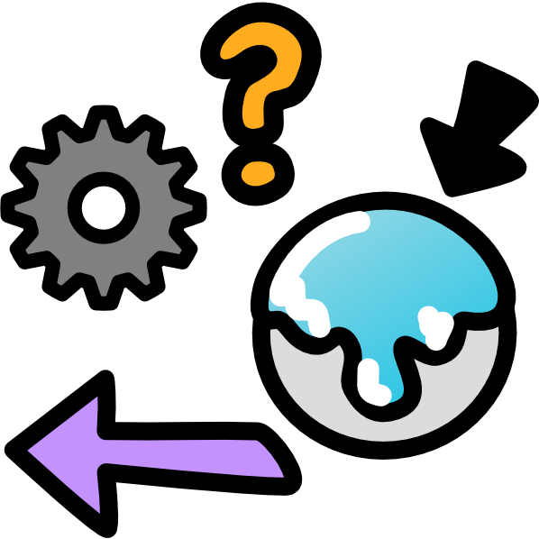 A grey gear with a yellow question mark above it sit next to a grey circle. The grey circle has a shiny blue substance dripping down it with a black arrow pointing to that substance. In the bottom left corner is a purple arrow pointing left.
